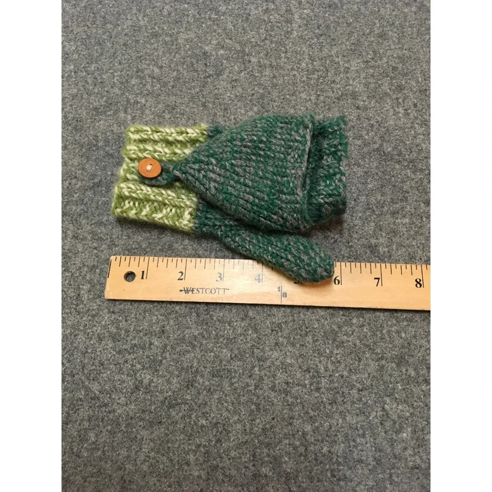Homemade Convertible Mittens Kids 4-8 Years Green 100% Wool Flip Top Gloves